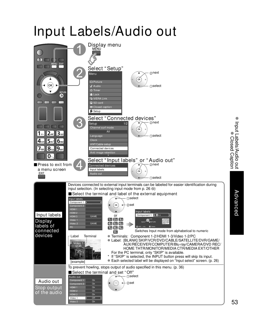 Panasonic TC-P54G10, TC-P50G10 Input Labels/Audio out, Devices, Display labels of connected, Stop output of the audio 