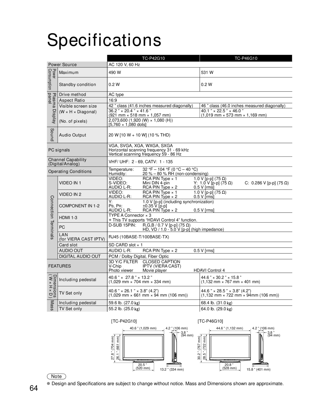 Panasonic TC-P46G10, TC-P50G10, TC-P54G10 quick start Specifications 