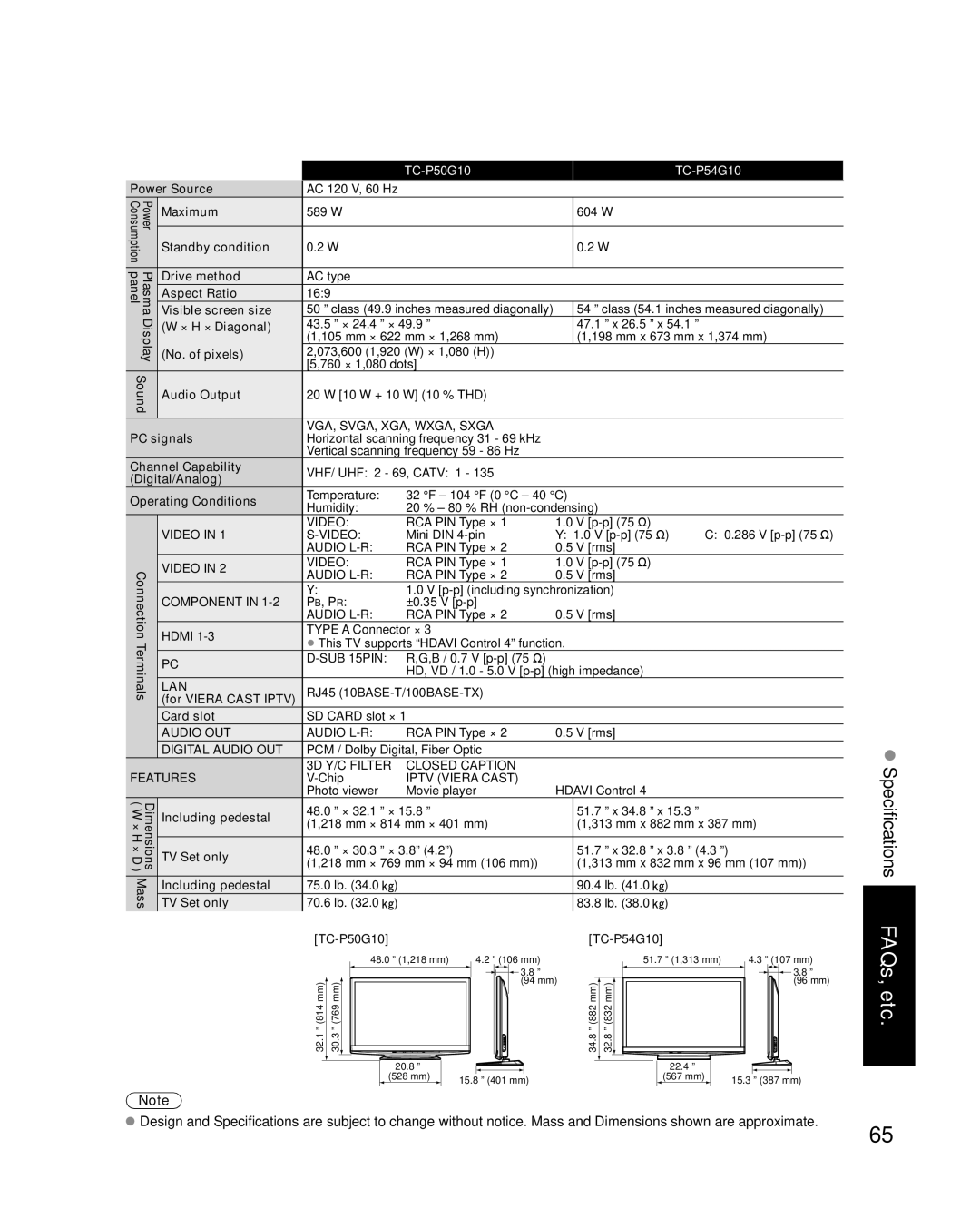 Panasonic TC-P54G10, TC-P50G10 Visible screen size, × H × Diagonal, PC signals, Channel Capability, For Viera Cast Iptv 