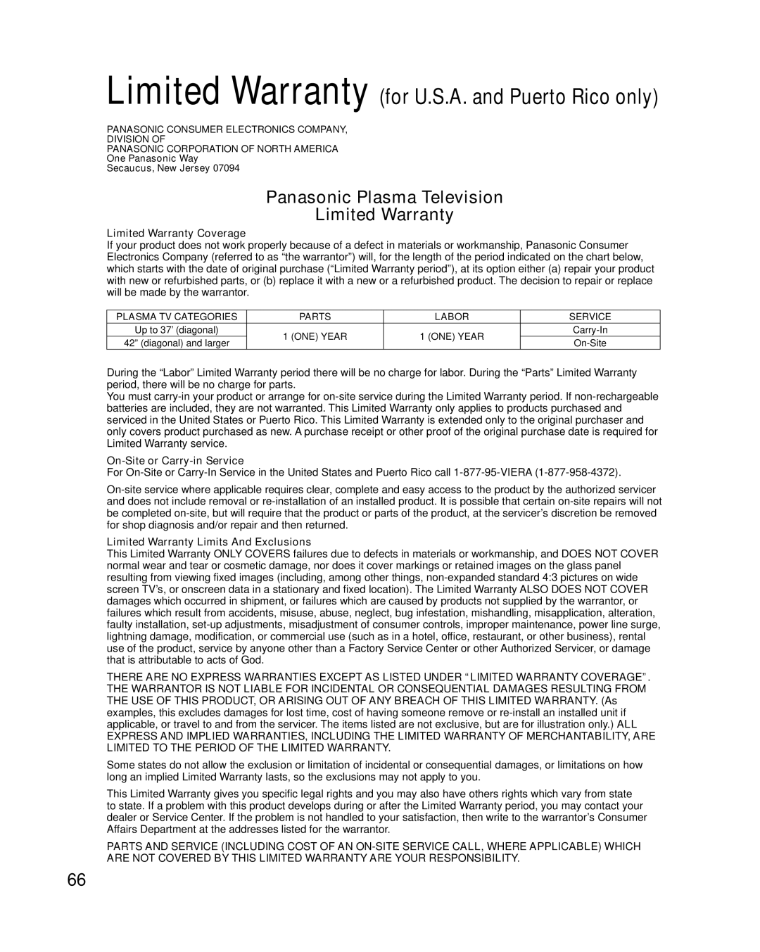 Panasonic TC-P50G10 Limited Warranty Coverage, On-Site or Carry-in Service, Limited Warranty Limits And Exclusions 