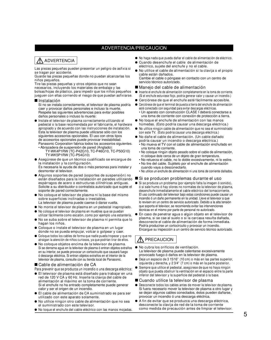 Panasonic TC-P46G10, TC-P50G10, TC-P54G10 Instalación, Cable de alimentación de CA, Manejo del cable de alimentación 