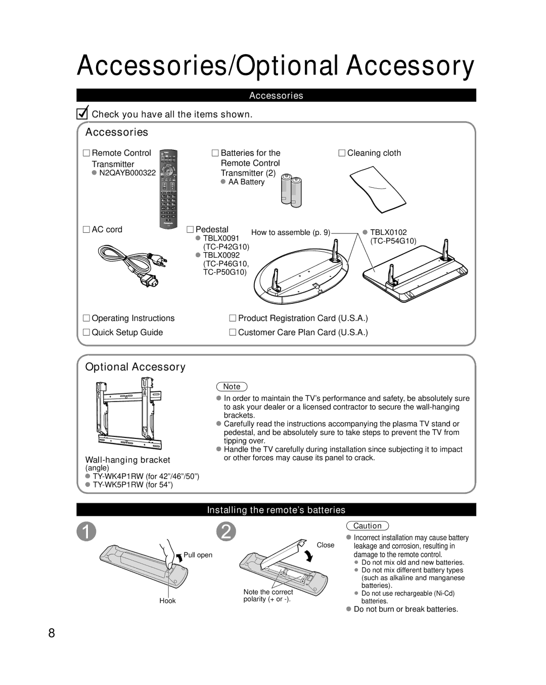 Panasonic TC-P54G10, TC-P50G10, TC-P46G10 quick start Accessories/Optional Accessory, Installing the remote’s batteries 