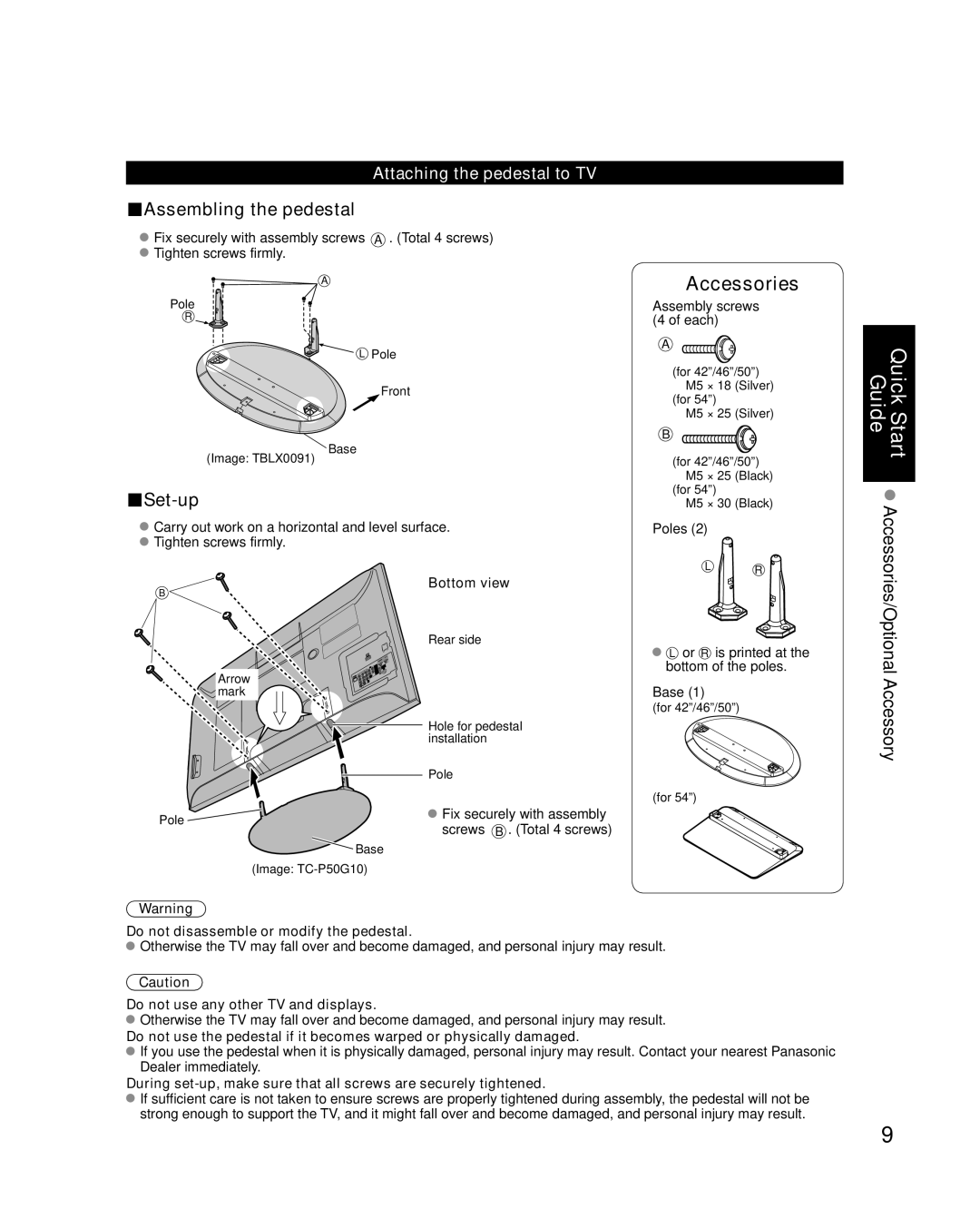 Panasonic TC-P50G10, TC-P46G10, TC-P54G10 quick start Assembling the pedestal, Set-up, Attaching the pedestal to TV 