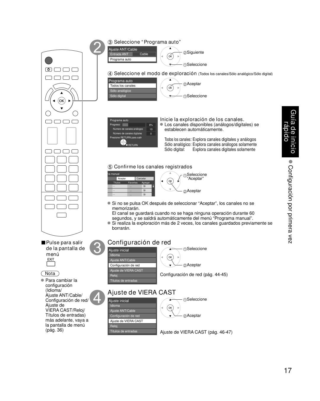 Panasonic TC-P46G10 Configuración de red, Ajuste de Viera Cast, Seleccione Programa auto, Confirme los canales registrados 