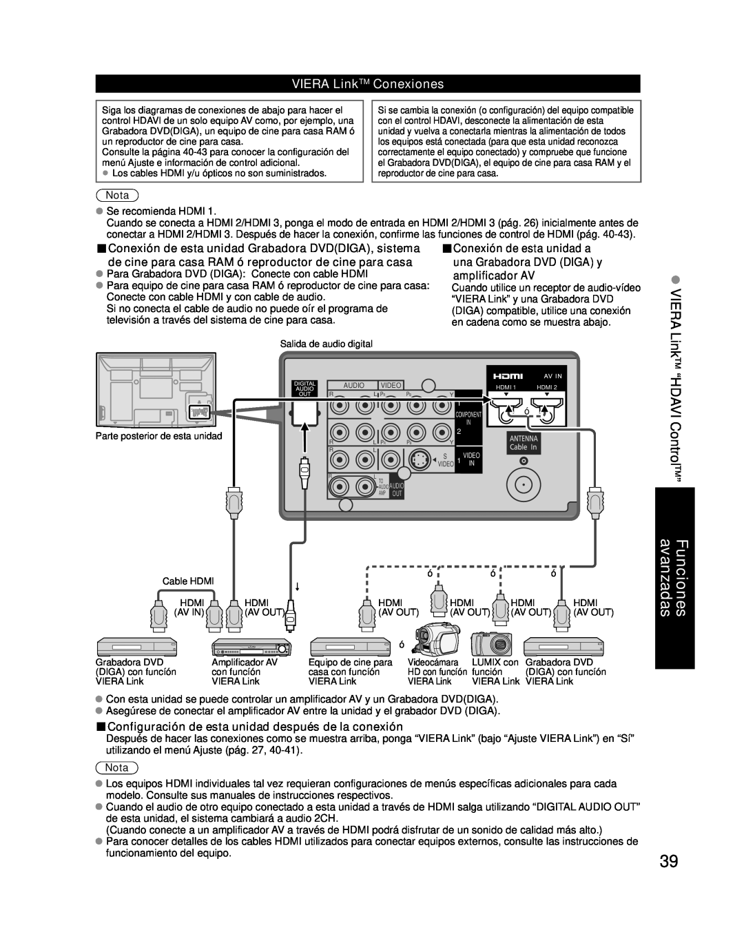 Panasonic TC-P54G10 VIERA LinkTM Conexiones, Conexión de esta unidad Grabadora DVDDIGA, sistema, Conexión de esta unidad a 