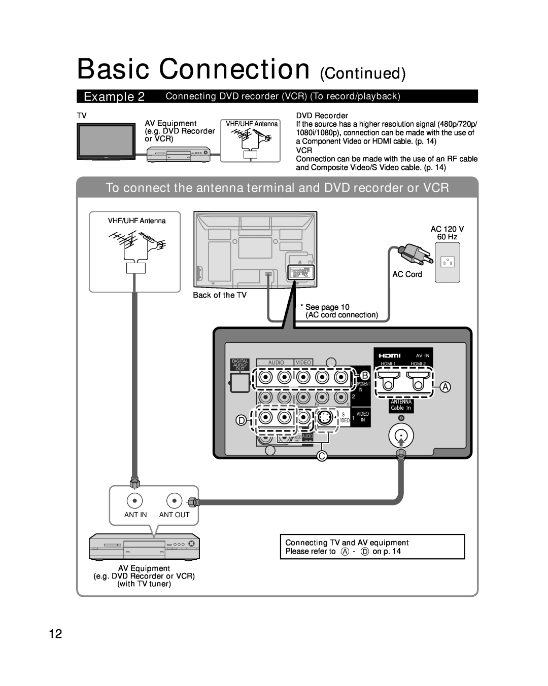 Panasonic TC-P50G10 Basic Connection Continued, To connect the antenna terminal and DVD recorder or VCR, Example 