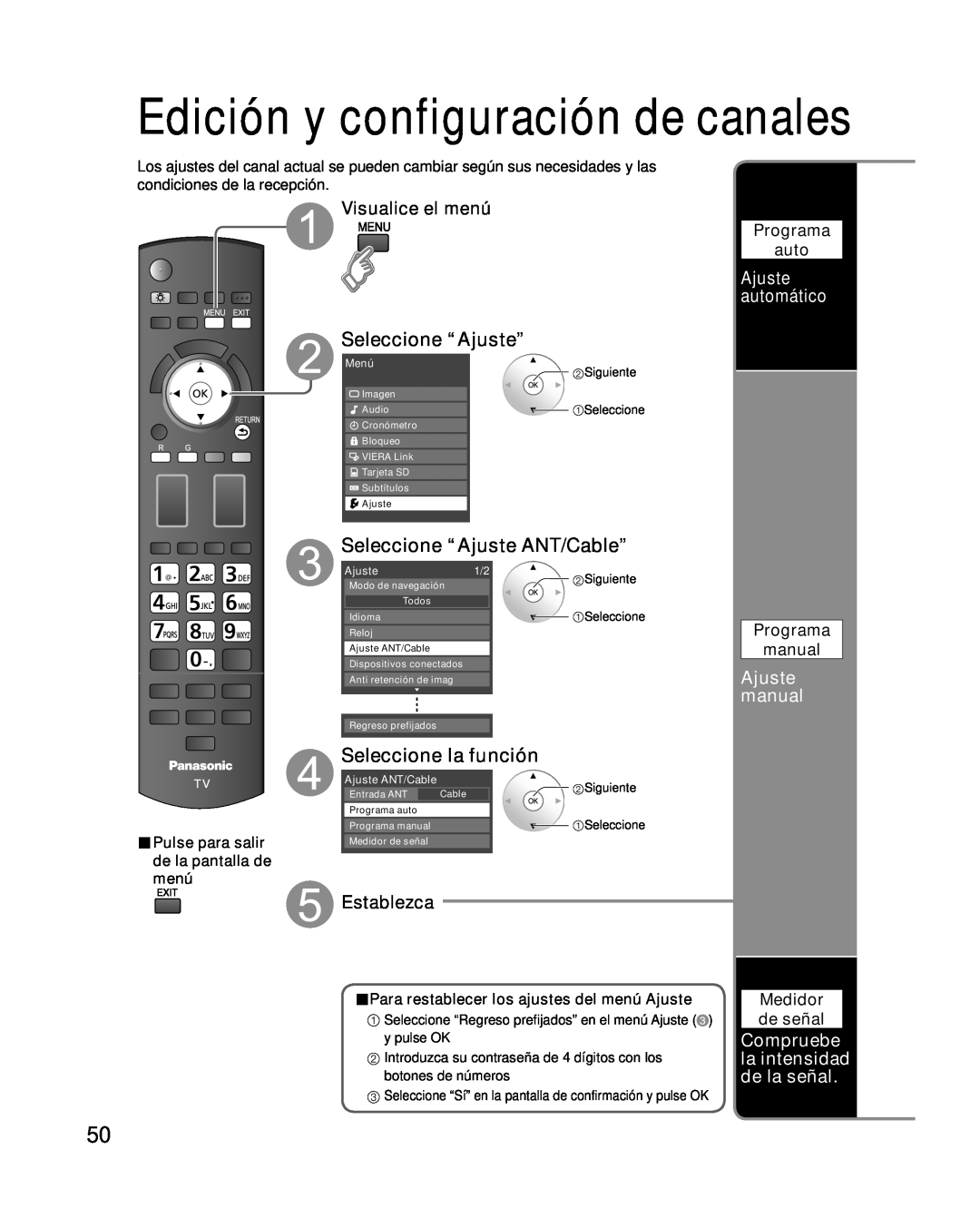 Panasonic TC-P46G10 Seleccione “Ajuste ANT/Cable”, Seleccione la función, Visualice el menú, Establezca, Ajuste manual 