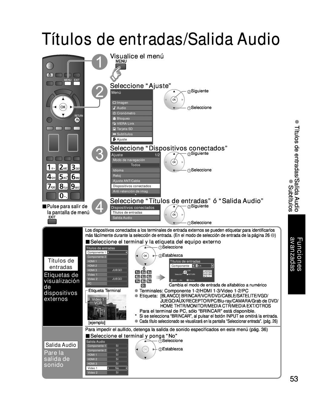Panasonic TC-P46G10 Títulos de entradas/Salida Audio, Seleccione “Dispositivos conectados”, Pare la salida de sonido 