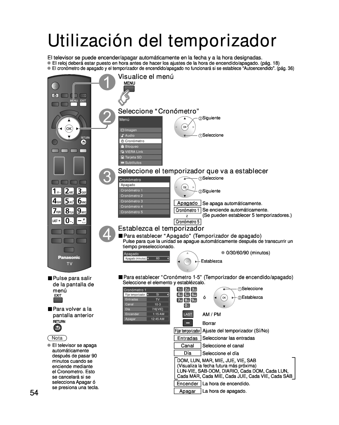 Panasonic TC-P54G10 Utilización del temporizador, Visualice el menú Seleccione “Cronómetro”, Establezca el temporizador 
