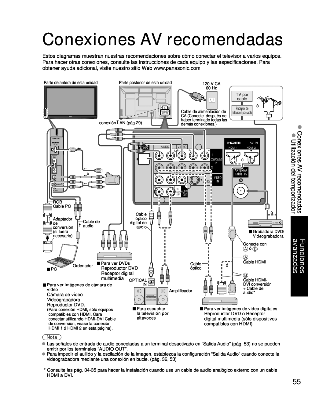 Panasonic TC-P50G10, TC-P46G10, TC-P54G10 quick start Conexiones AV recomendadas, Para ver DVDs, la televisión por 