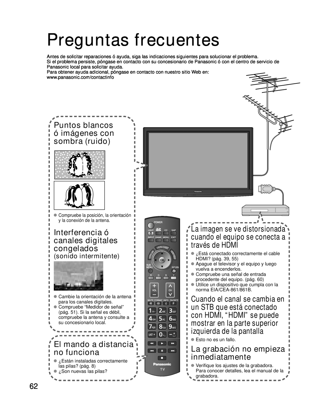 Panasonic TC-P46G10 Preguntas frecuentes, Puntos blancos, ó imágenes con sombra ruido, El mando a distancia no funciona 