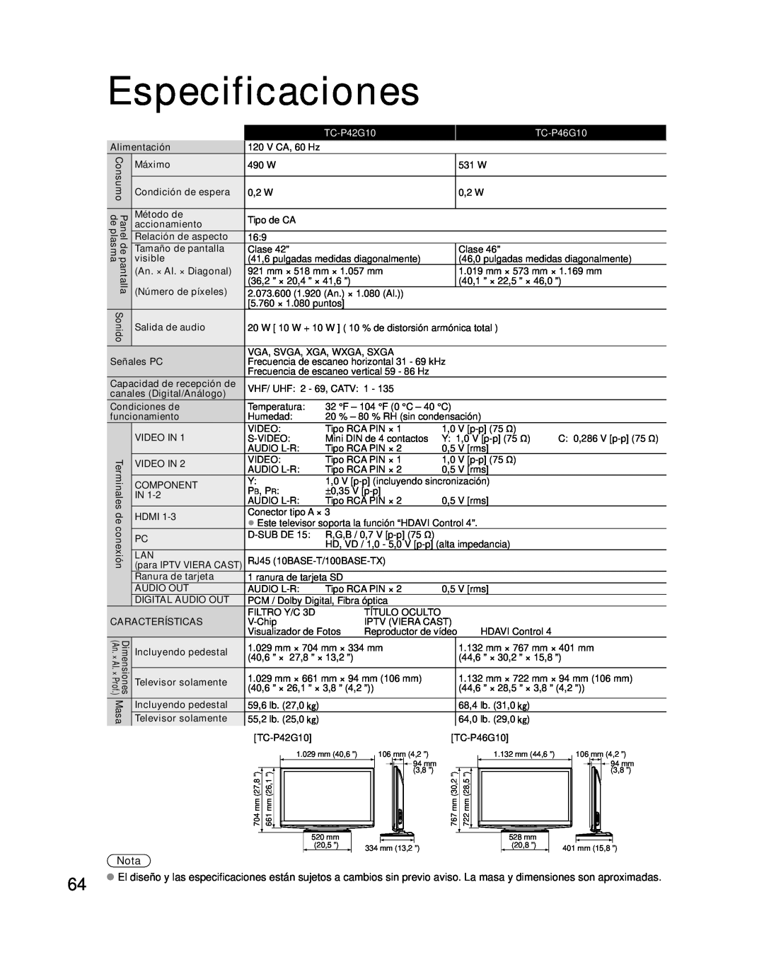 Panasonic TC-P50G10, TC-P46G10, TC-P54G10 Especificaciones, Condición de espera, Relación de aspecto, An. × Al. × Diagonal 