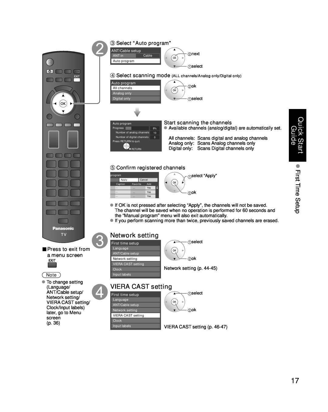 Panasonic TC-P54G10 QuickGuideStart First Time Setup, Network setting, VIERA CAST setting, Select “Auto program” 