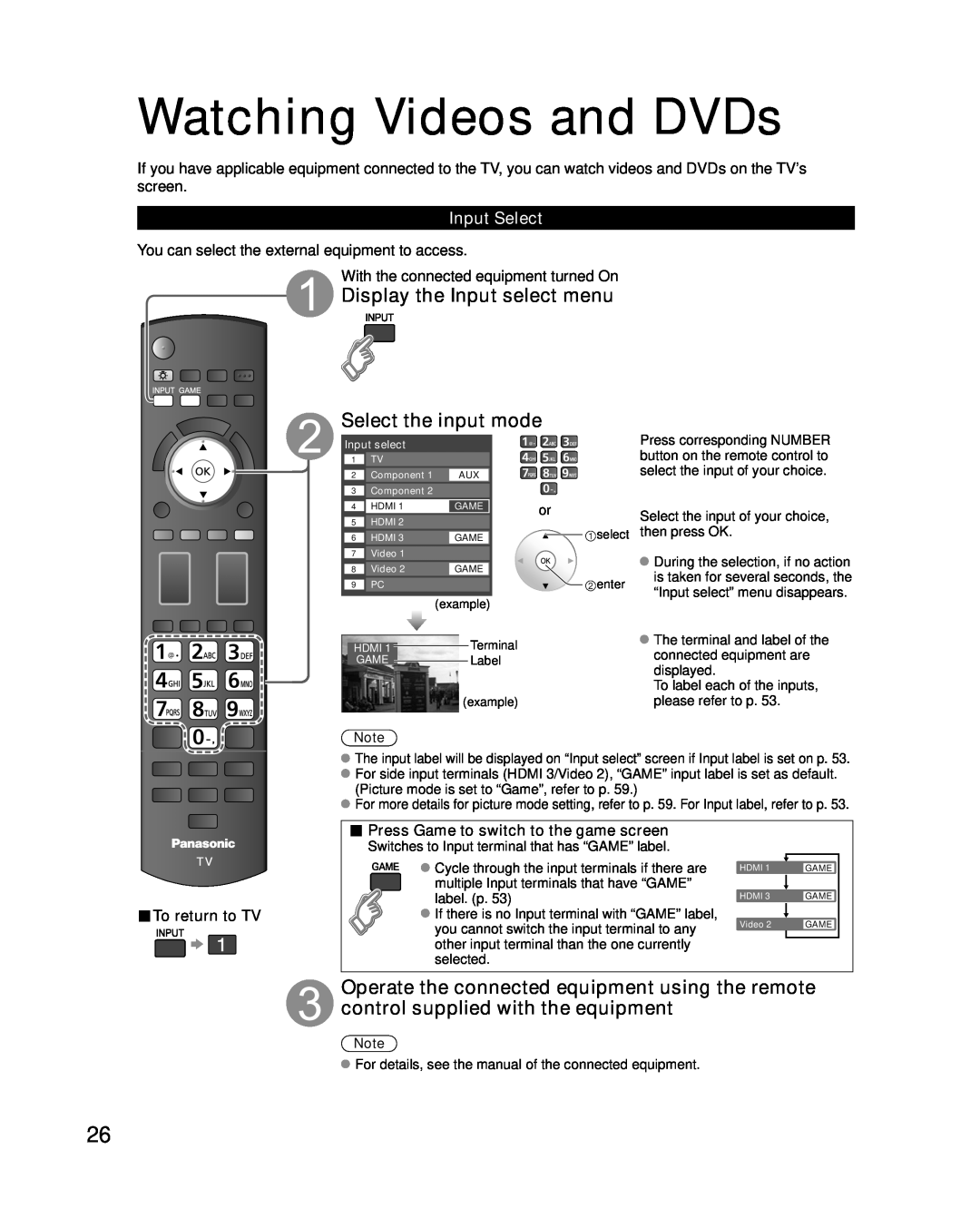 Panasonic TC-P54G10, TC-P50G10 Watching Videos and DVDs, Display the Input select menu Select the input mode, Input Select 
