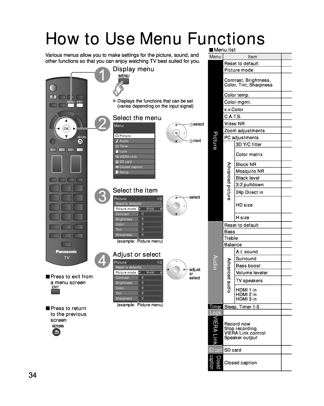 Panasonic TC-P46G10 How to Use Menu Functions, Display menu, Select the menu, Select the item, Adjust or select, Audio 