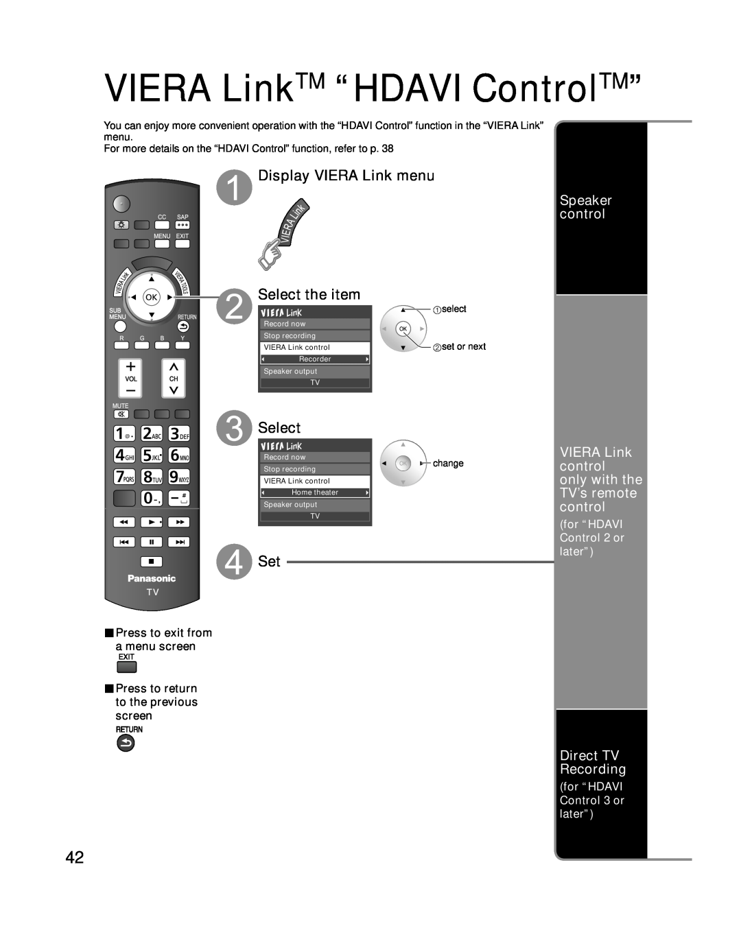 Panasonic TC-P50G10, TC-P46G10, TC-P54G10 Display VIERA Link menu Select the item, Speaker control, Direct TV Recording 