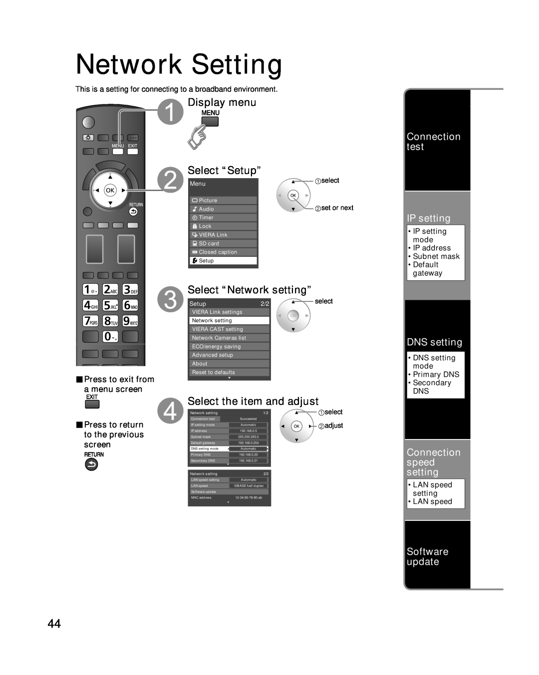 Panasonic TC-P54G10 Network Setting, Select “Network setting”, Select the item and adjust, Connection test IP setting 