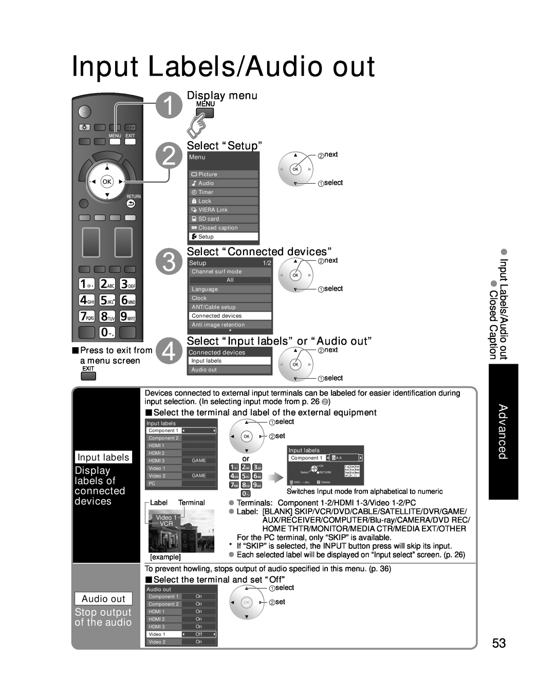 Panasonic TC-P54G10 Input Labels/Audio out, Select “Connected devices”, Select “Input labels” or “Audio out”, Advanced 