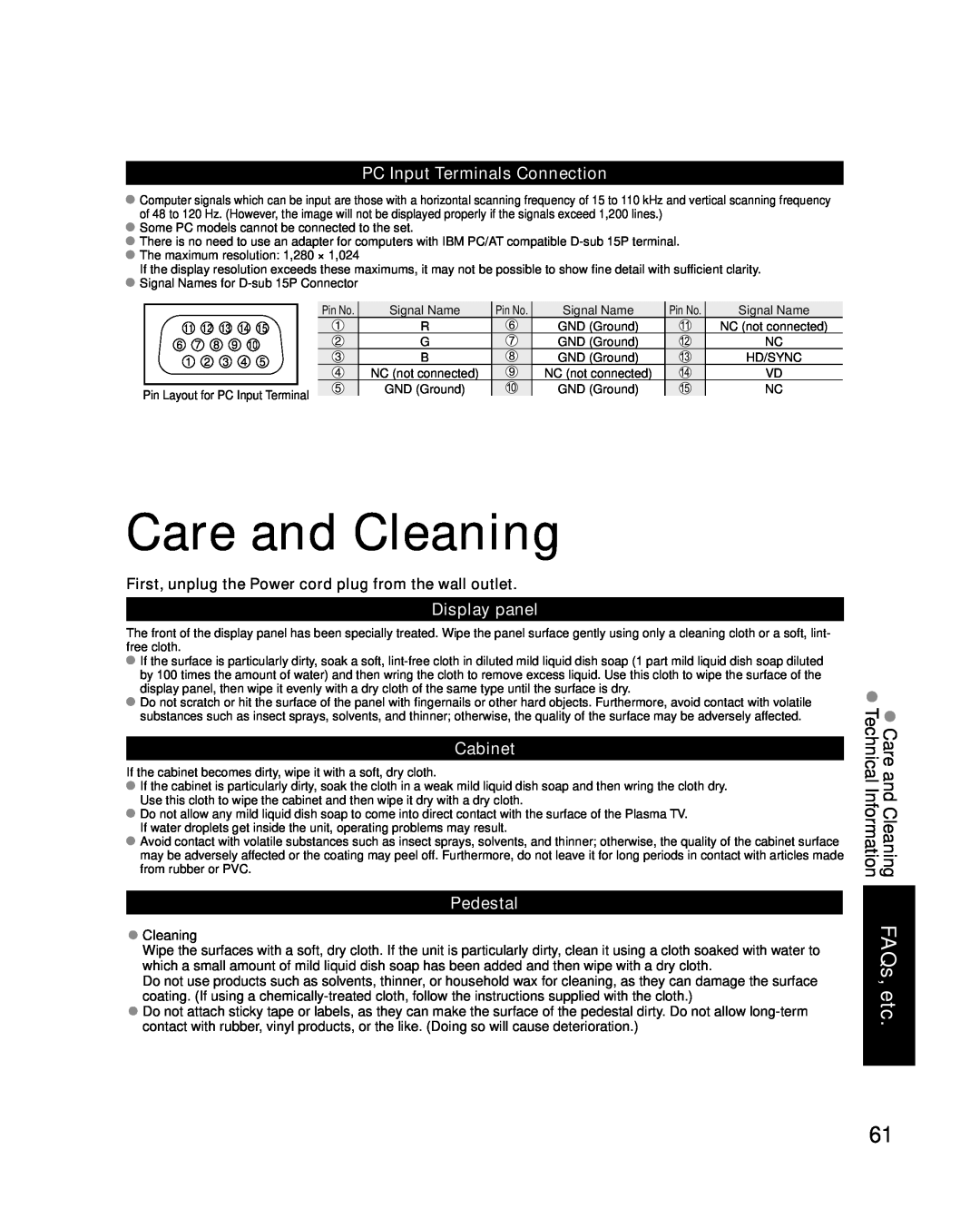 Panasonic TC-P46G10 Care and Cleaning FAQs, etc. Technical Information, PC Input Terminals Connection, Display panel 
