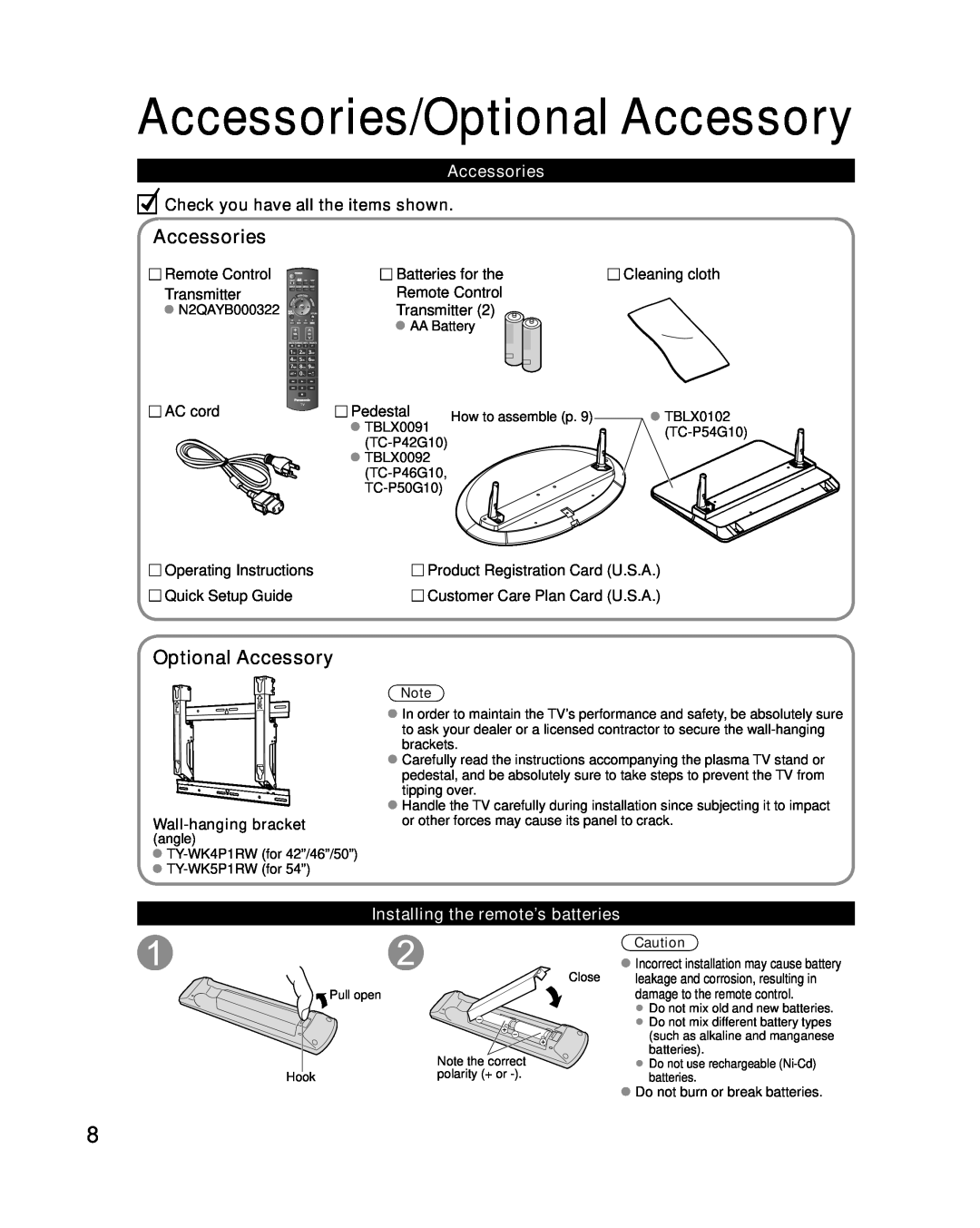 Panasonic TC-P54G10 Accessories/Optional Accessory, Check you have all the items shown, Installing the remote’s batteries 