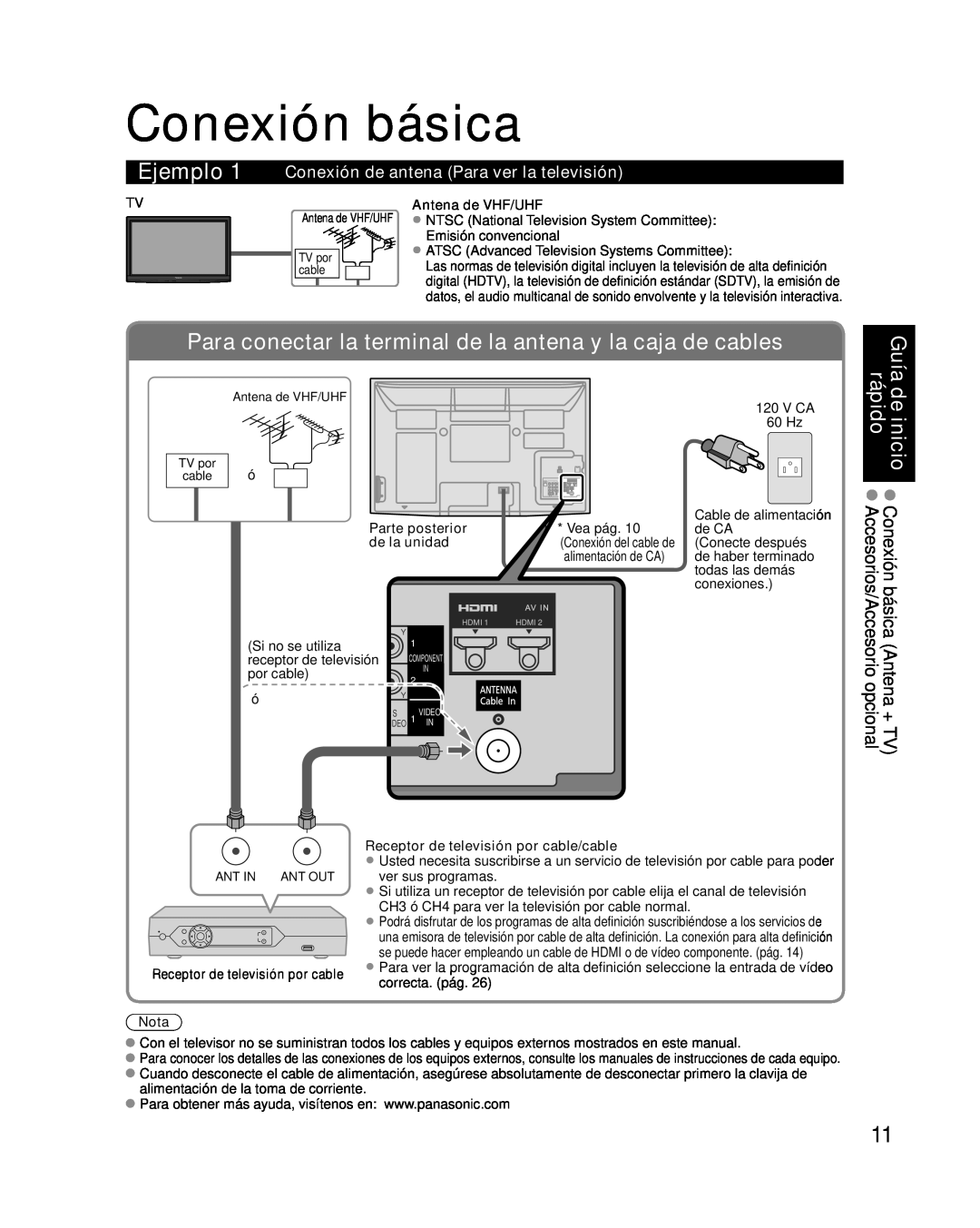 Panasonic TC-P46G10, TC-P50G10 Conexión básica, Ejemplo, Para conectar la terminal de la antena y la caja de cables, Guía 