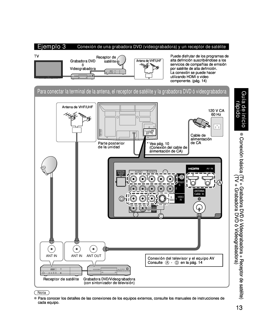 Panasonic TC-P50G10, TC-P46G10, TC-P54G10 derápidoinicio Conexión básica, Guía, Audio, Hdmi, Video, + Receptor de satélite 