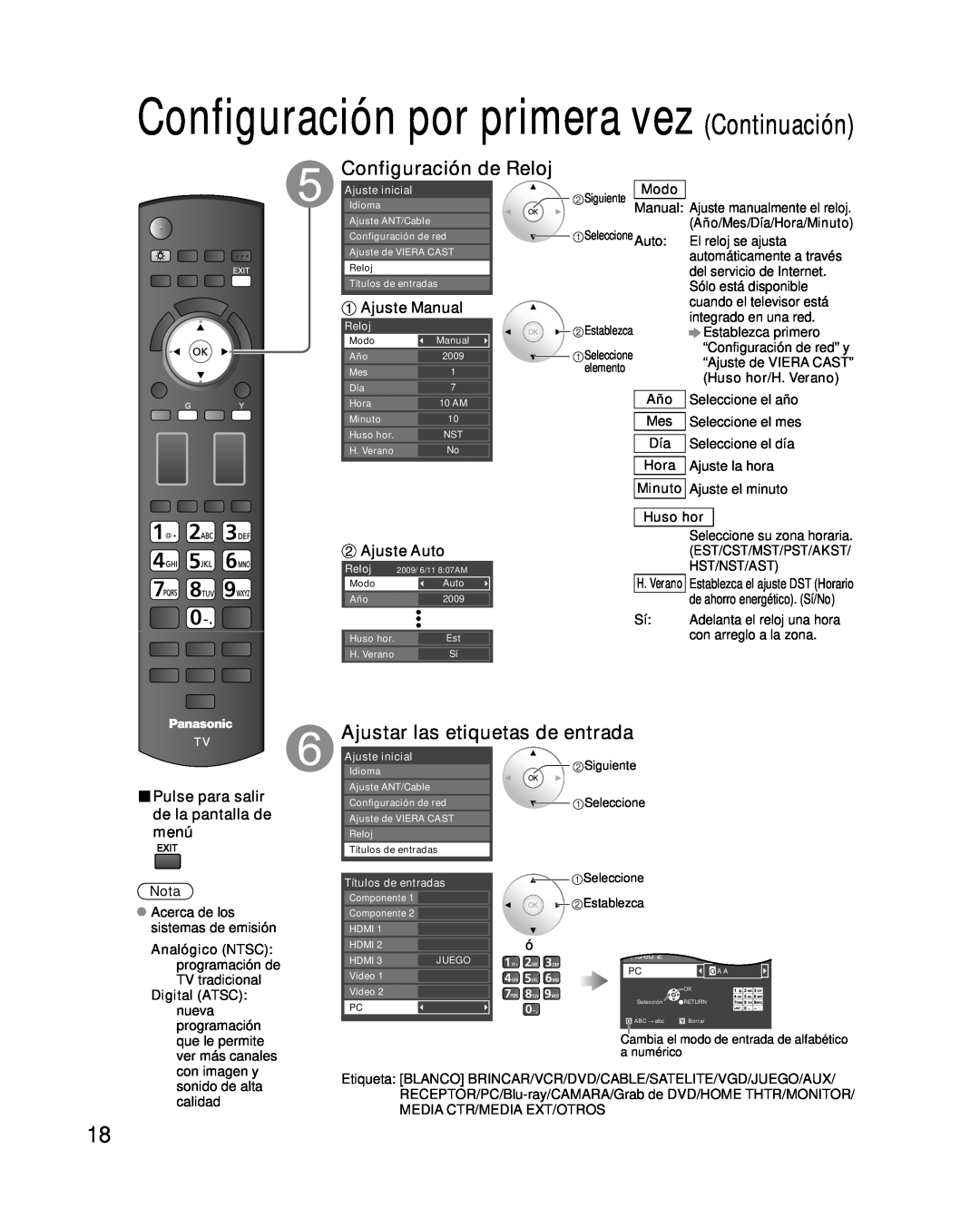 Panasonic TC-P54G10 Configuración por primera vez Continuación, Configuración de Reloj, Ajustar las etiquetas de entrada 