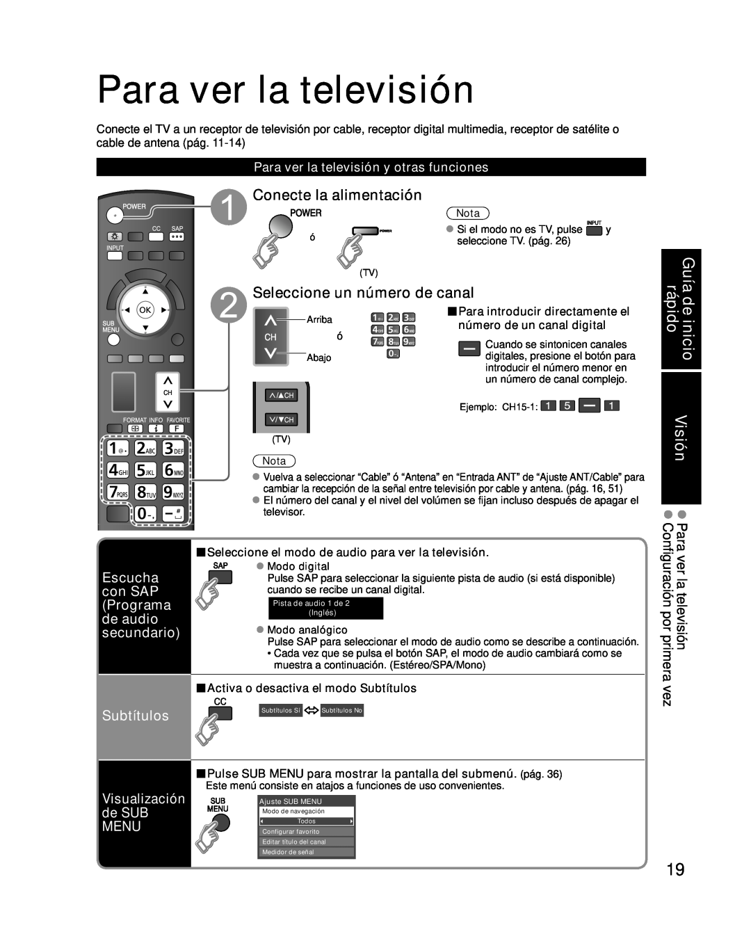 Panasonic TC-P50G10, TC-P46G10 Para ver la televisión, Guía de inicio rápido Visión, Conecte la alimentación, Subtítulos 