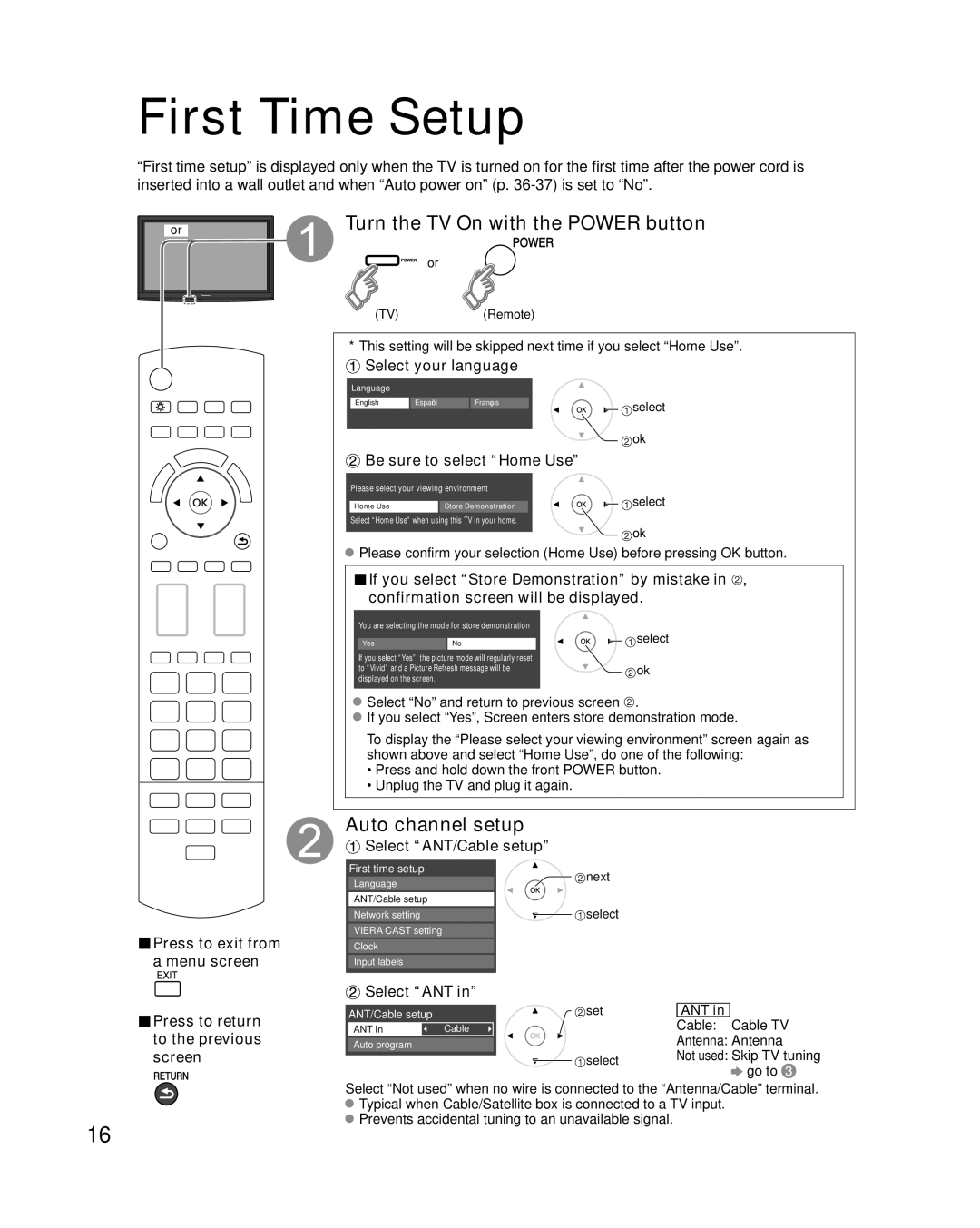 Panasonic TC-P50G15 First Time Setup, Turn the TV On with the Power button, Auto channel setup, Be sure to select Home Use 