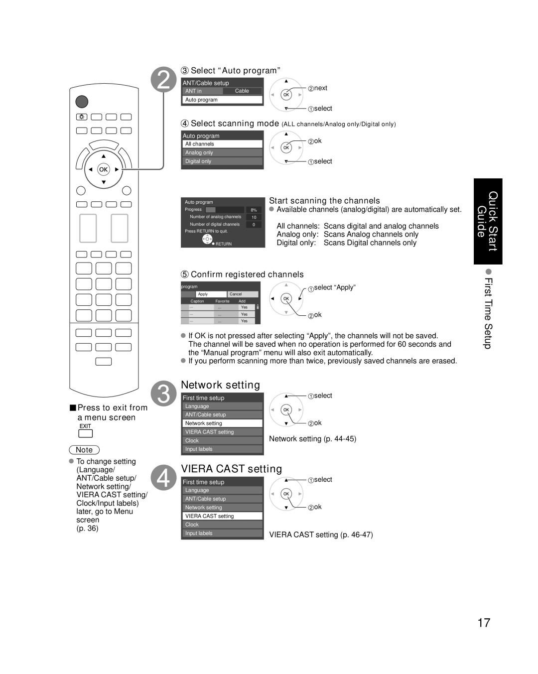 Panasonic TC-P46G15, TC-P50G15 Network setting, Viera Cast setting, Select Auto program, Start scanning the channels 