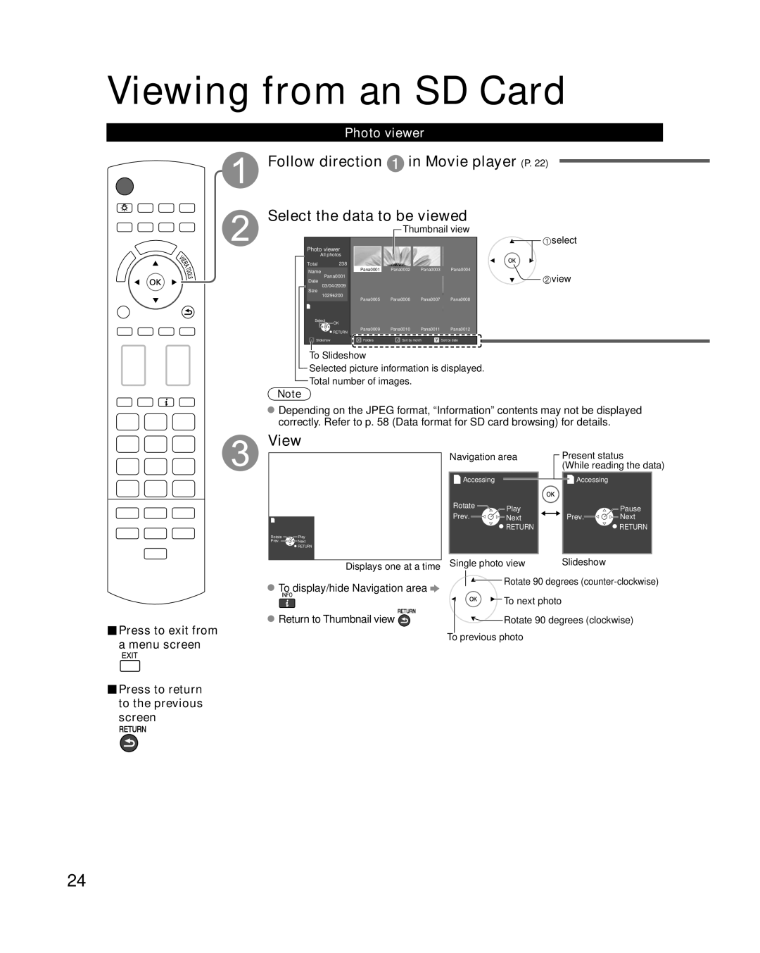 Panasonic TC-P50G15, TC-P46G15 Photo viewer, Press to exit from, Menu screen Press to return to the previous screen 