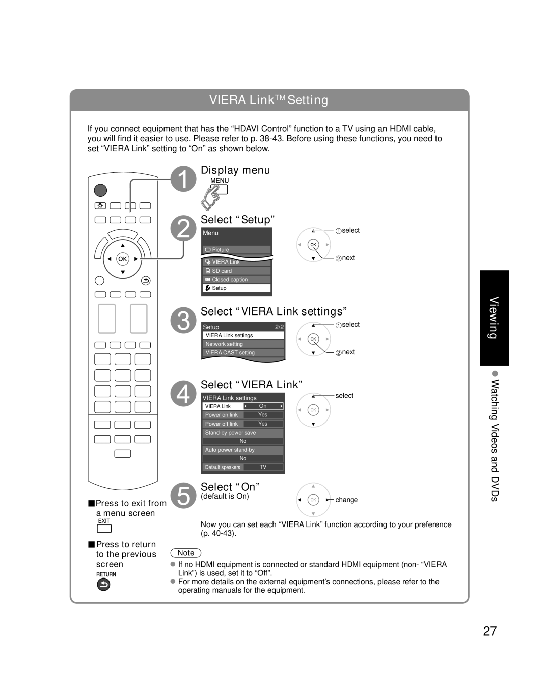 Panasonic TC-P46G15, TC-P50G15 quick start Display menu Select Setup, Select Viera Link settings, Select On, Menu screen 