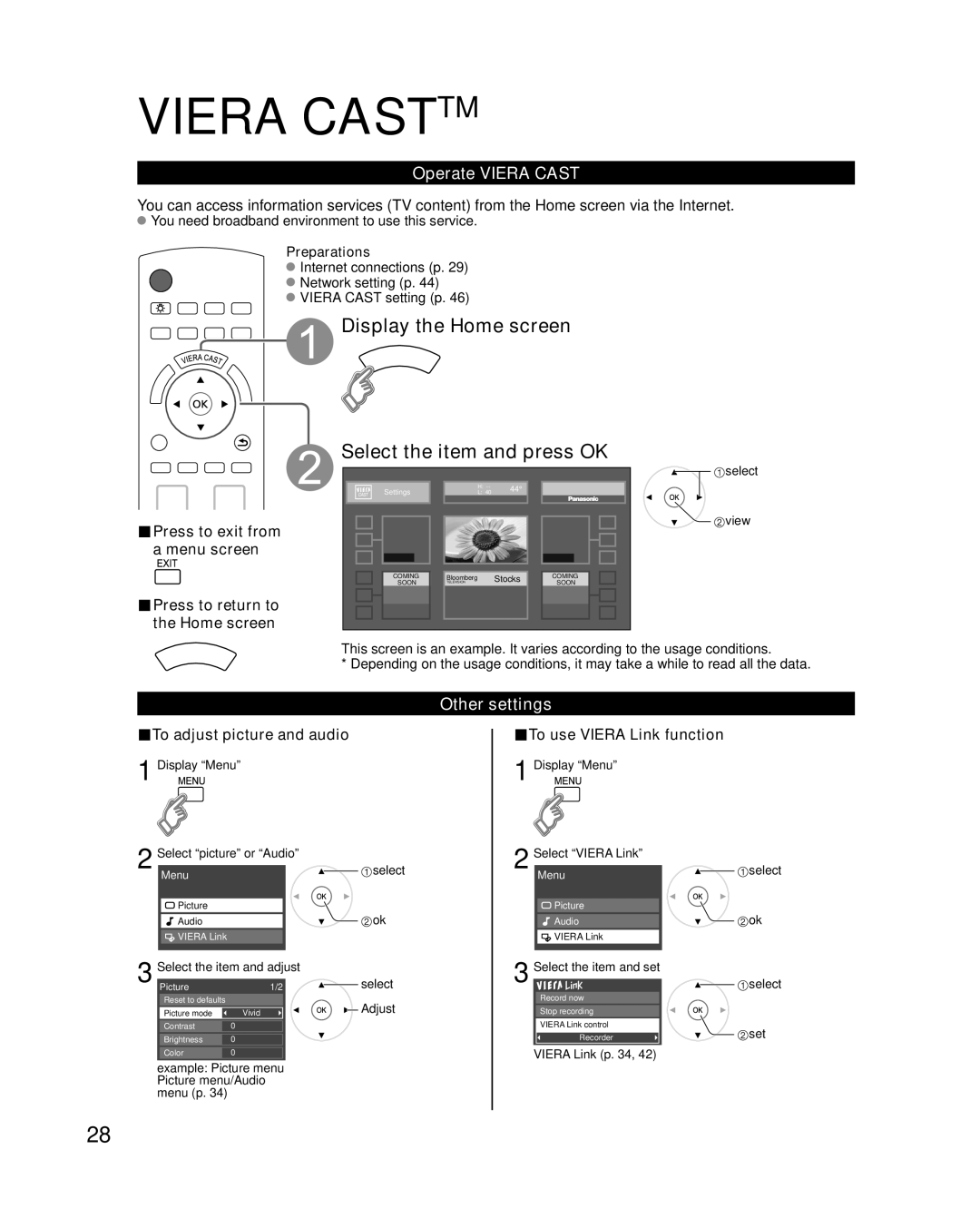 Panasonic TC-P50G15, TC-P46G15 Display the Home screen Select the item and press OK, Operate Viera Cast, Other settings 