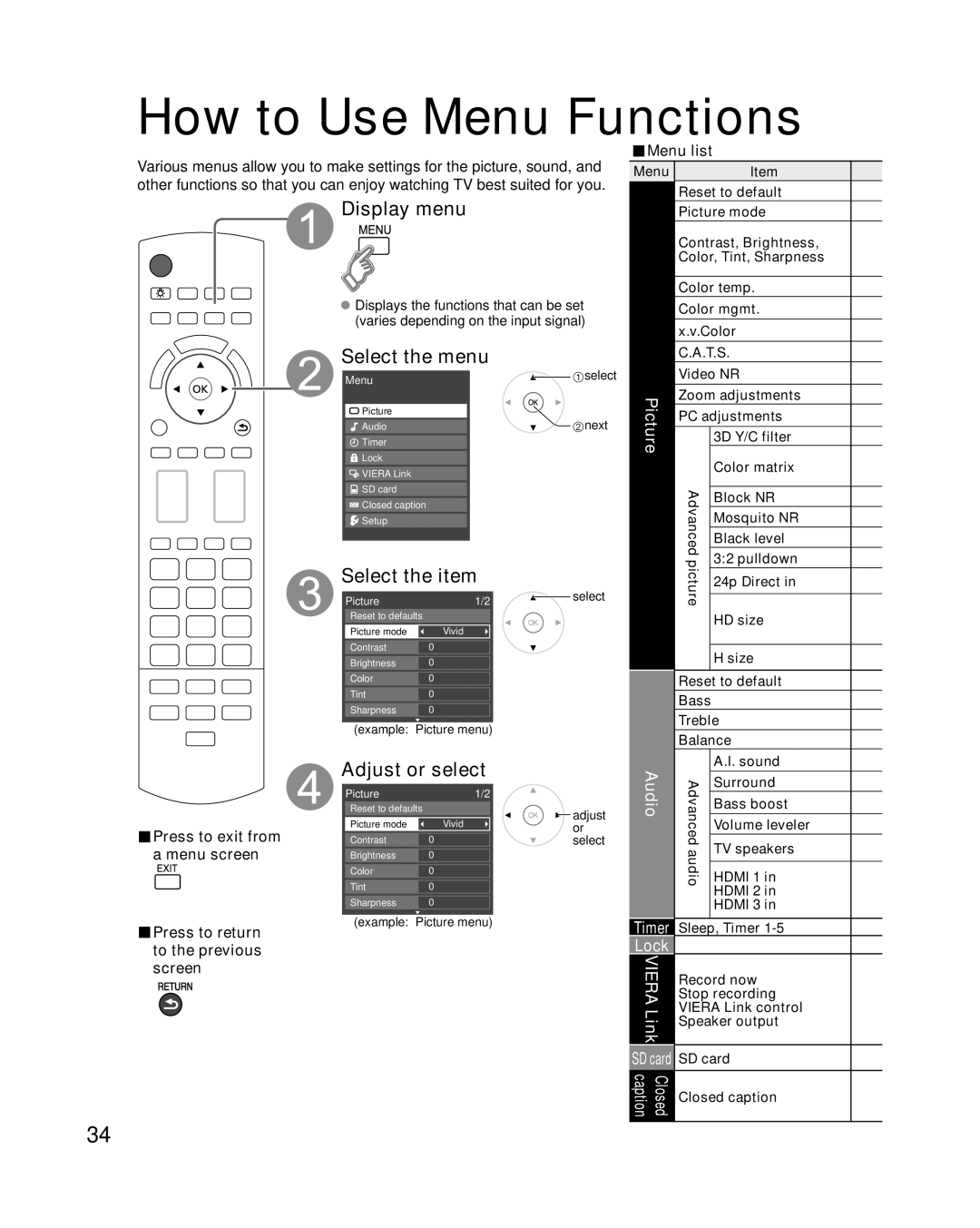 Panasonic TC-P50G15, TC-P46G15 quick start How to Use Menu Functions, Display menu, Select the menu, Adjust or select 