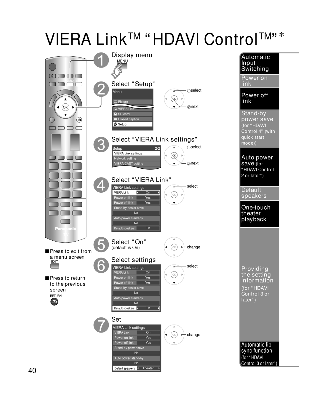 Panasonic TC-P50G15 Select settings, Set, Auto power save for, For Hdavi Control 3 or later, Automatic lip- sync function 