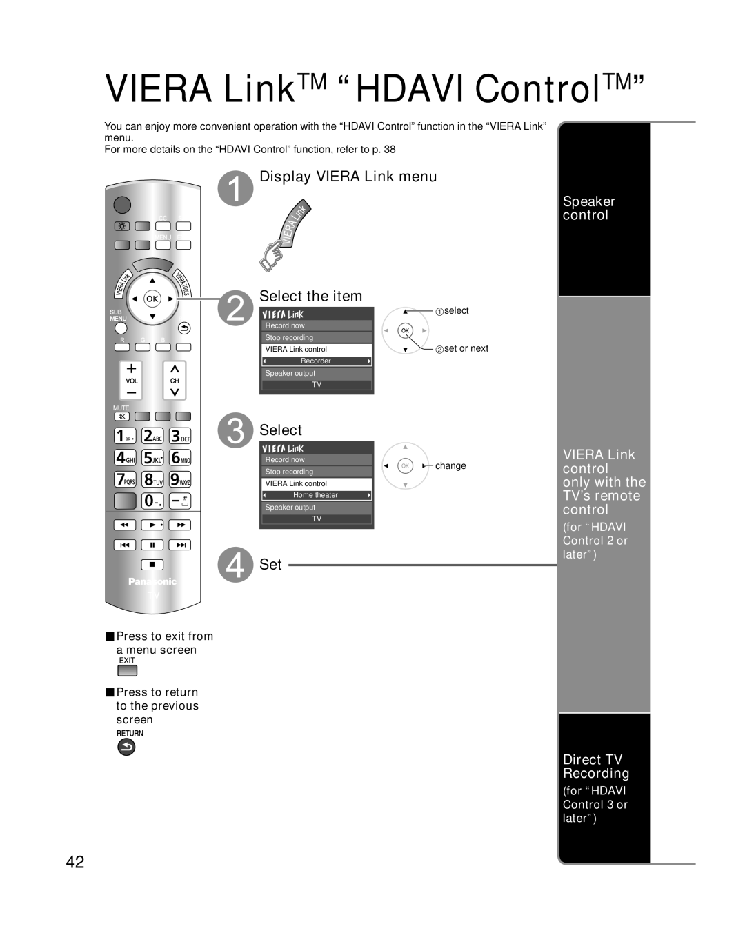 Panasonic TC-P50G15, TC-P46G15 quick start Display Viera Link menu Select the item, Speaker control, Direct TV Recording 