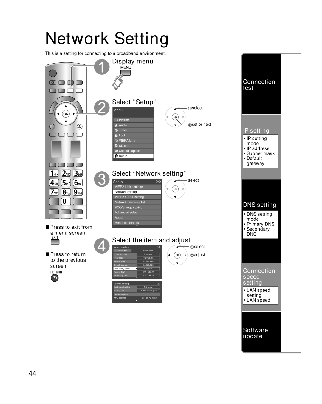 Panasonic TC-P50G15, TC-P46G15 quick start Network Setting, Select Network setting, Select the item and adjust 