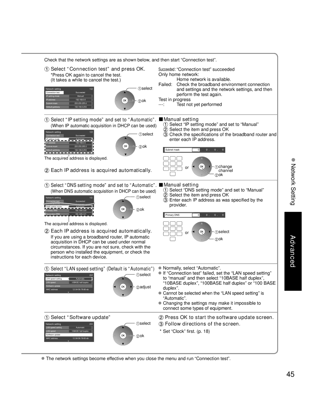 Panasonic TC-P46G15, TC-P50G15 quick start Select Connection test and press OK, Each IP address is acquired automatically 