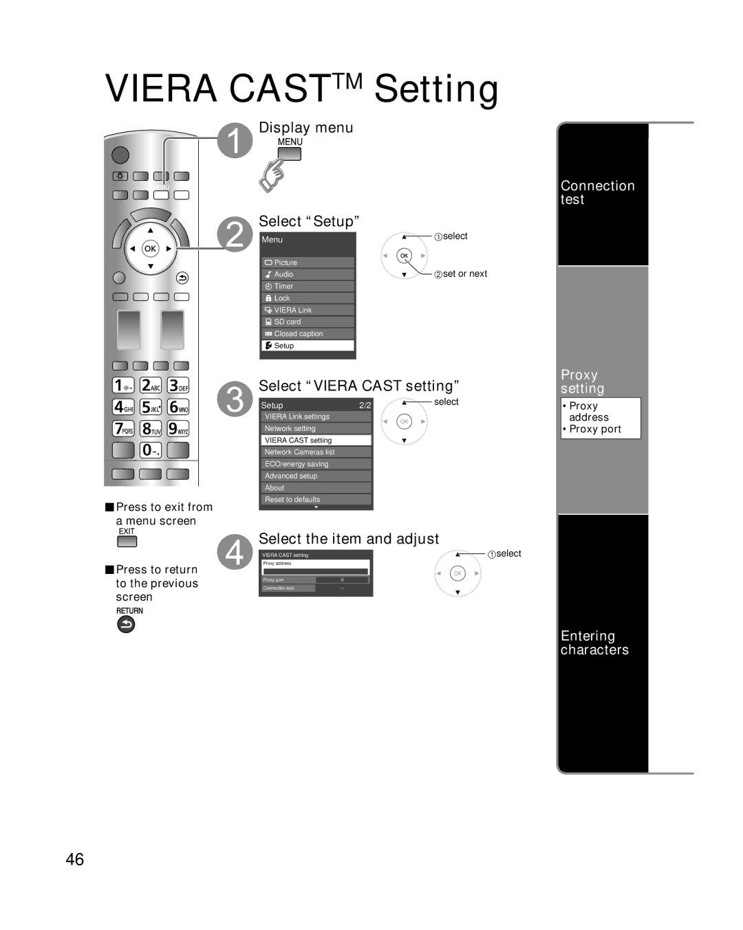 Panasonic TC-P50G15 Viera Casttm Setting, Select Viera Cast setting, Connection test Proxy setting, Entering characters 