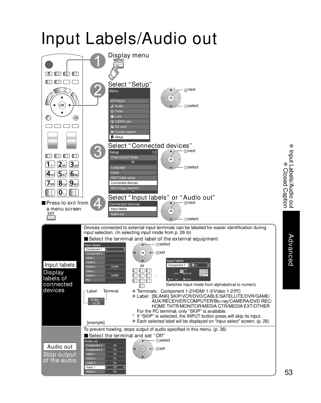 Panasonic TC-P46G15, TC-P50G15 Input Labels/Audio out, Devices, Display labels of connected, Stop output of the audio 