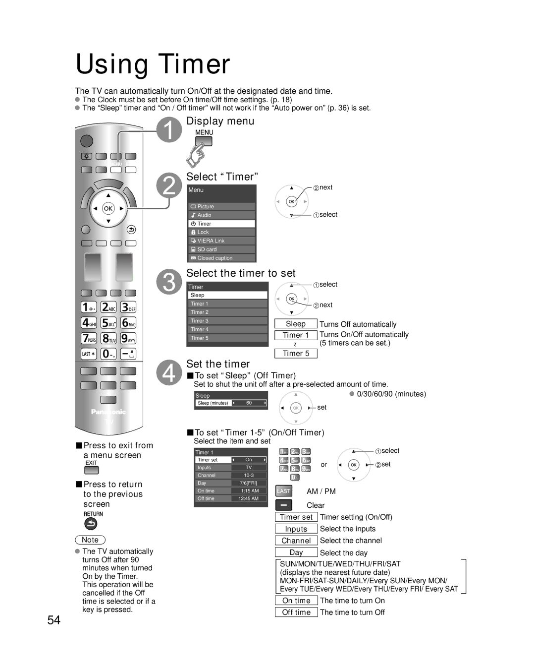 Panasonic TC-P50G15, TC-P46G15 quick start Using Timer, Display menu Select Timer, Select the timer to set, Set the timer 