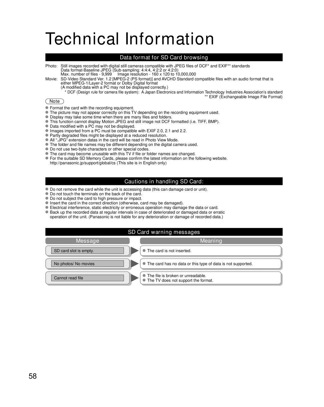 Panasonic TC-P50G15, TC-P46G15 quick start Data format for SD Card browsing, Message, SD Card warning messages Meaning 