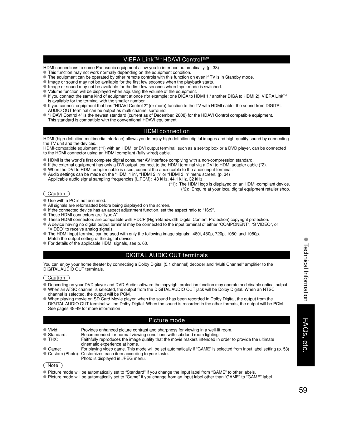 Panasonic TC-P46G15, TC-P50G15 Viera LinkTM Hdavi ControlTM, Hdmi connection, Digital Audio OUT terminals, Picture mode 