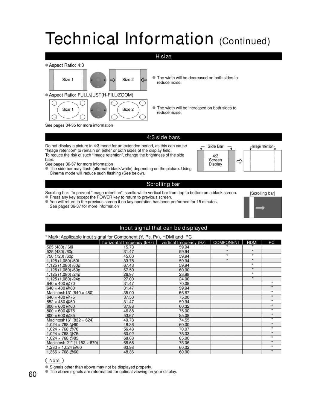 Panasonic TC-P50G15, TC-P46G15 quick start Size, Side bars, Scrolling bar, Input signal that can be displayed 