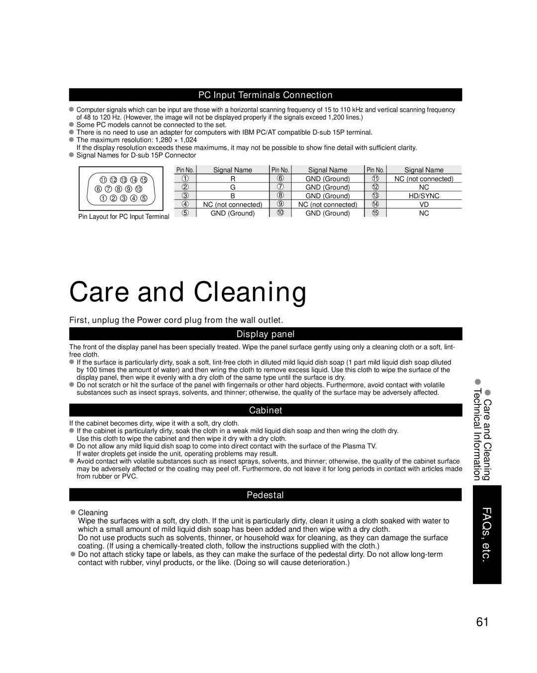 Panasonic TC-P46G15, TC-P50G15 Care and Cleaning, PC Input Terminals Connection, Display panel, Cabinet, Pedestal 