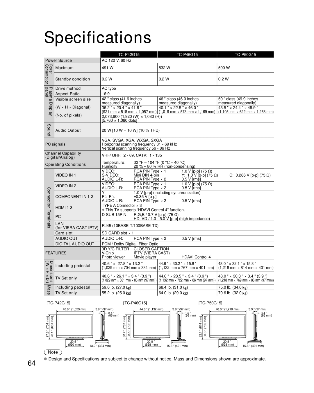 Panasonic TC-P50G15, TC-P46G15 quick start Specifications 