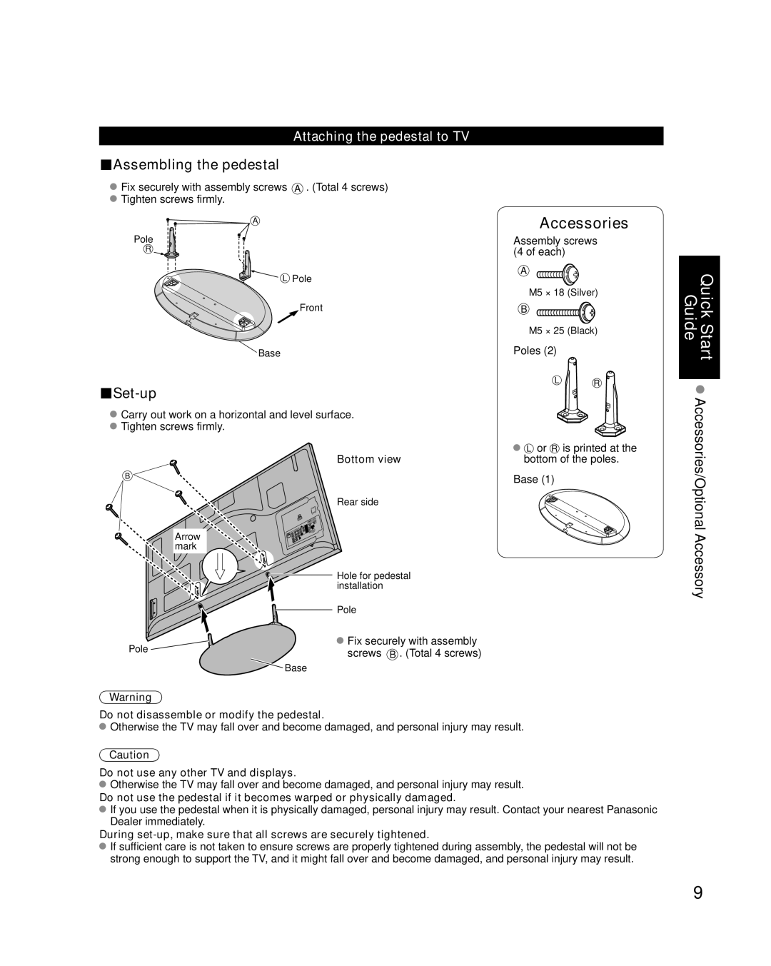 Panasonic TC-P46G15, TC-P50G15 Attaching the pedestal to TV, Bottom view, Do not disassemble or modify the pedestal 