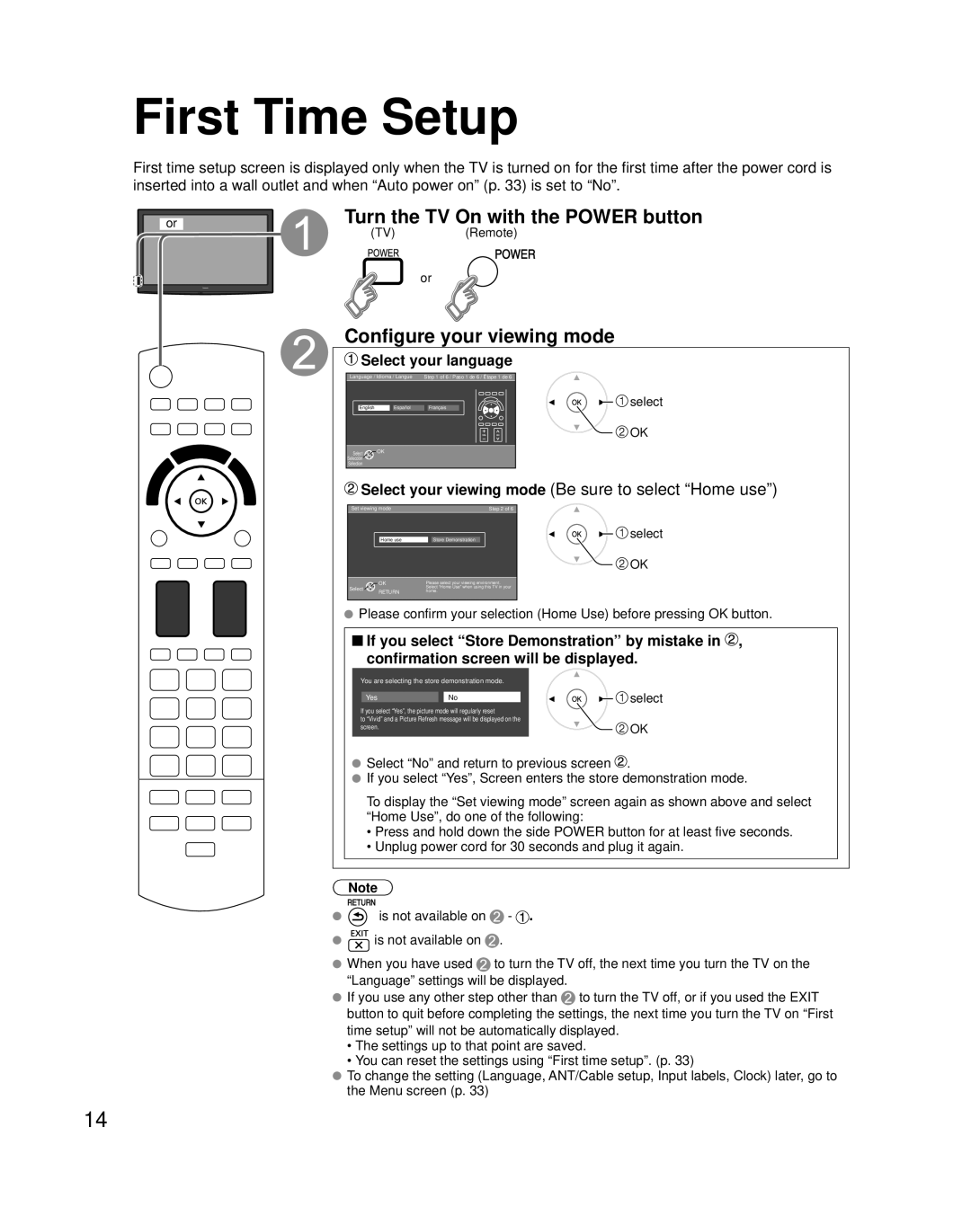 Panasonic TC-P50G20, TC-P54G20 First Time Setup, Turn the TV On with the Power button, Configure your viewing mode 