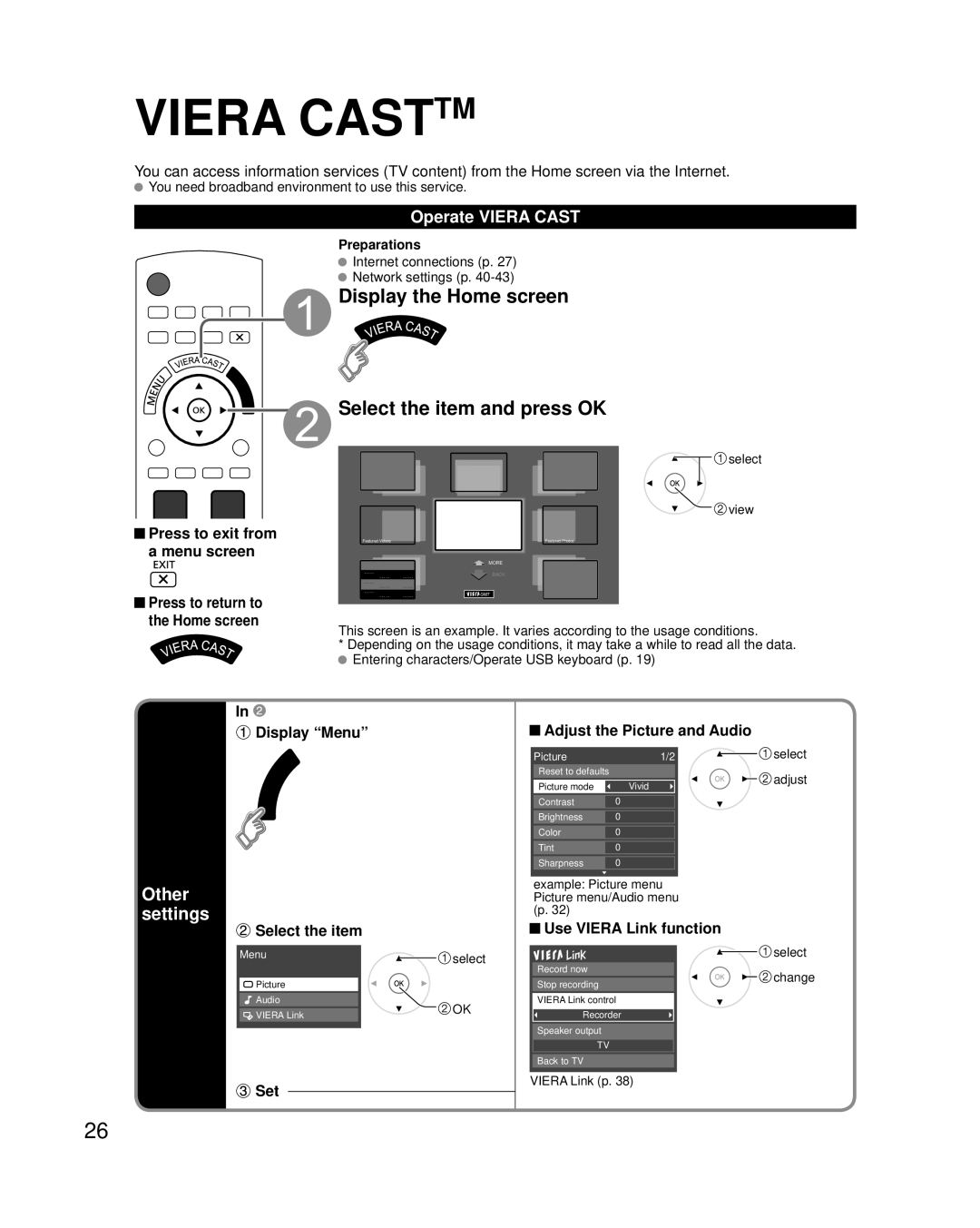 Panasonic TC-P50G20 Display the Home screen Select the item and press OK, Other settings, Operate Viera Cast, Display Menu 