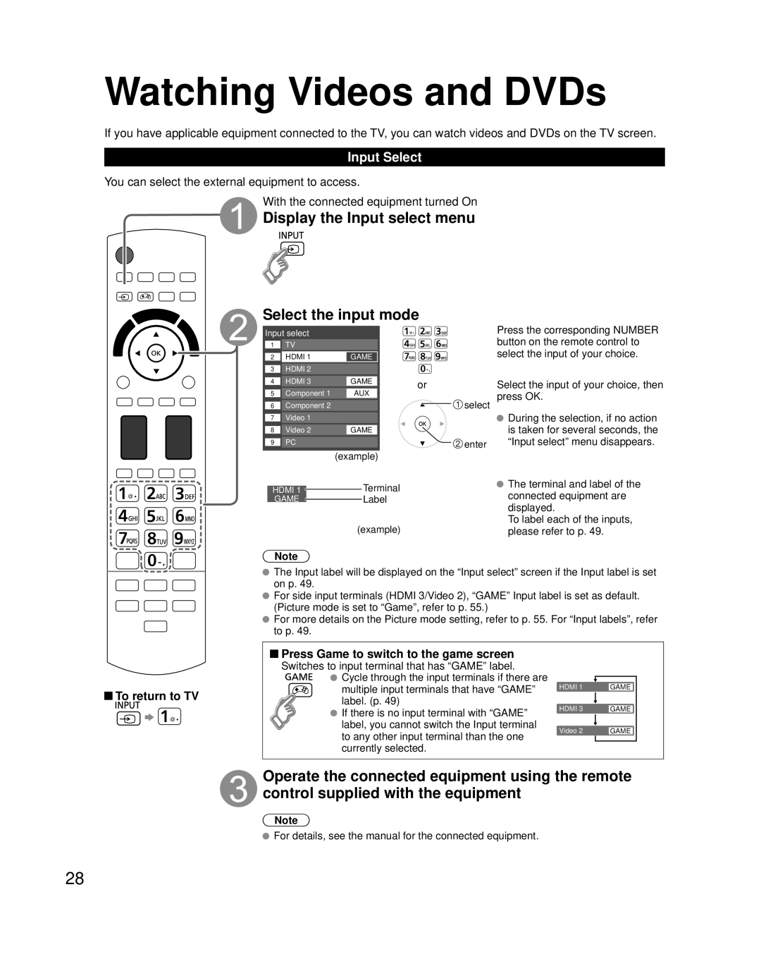 Panasonic TC-P50G20, TC-P54G20 quick start Display the Input select menu Select the input mode, Input Select 